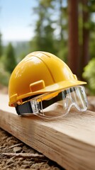 High-resolution yellow construction helmet with face shield and protective mask displayed on wooden surface for safety in construction environments