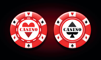 Casino label. Chip with card suits. Vector 3d clipart isolated on dark background.