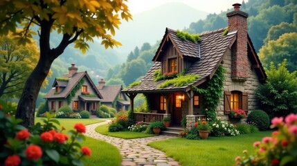 Charming Stone Cottage Nestled in a Lush Green Valley with a Winding Stone Path Leading to its Welcoming Porch