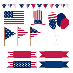 A collection of patriotic elements including American flags, a top hat, balloons, banners, and bunting in red, white, and blue. Perfect for Independence Day decorations.