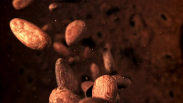 Cocoa beans fly down. Filmed on a high-speed camera at 1000 fps. High quality FullHD footage