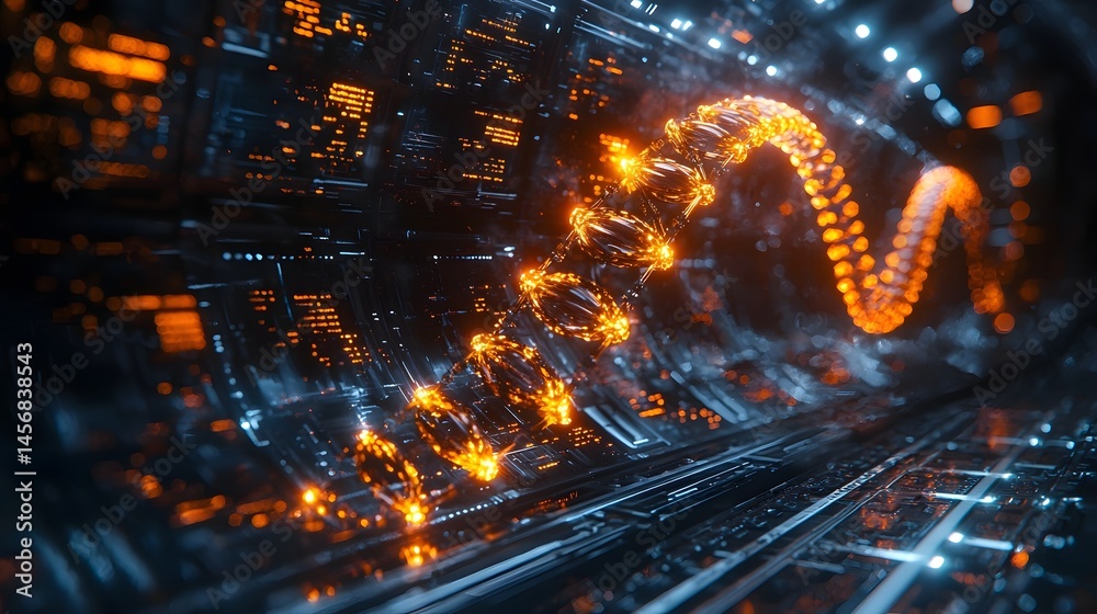 Wall mural futuristic digital data storage system with glowing dna like structures