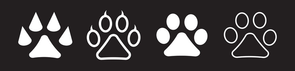 
Different animal paw. Paw prints silhouette. Footprints dog and cat with claw. Imprint legs isolated on white background.  Collection of different animal paw. Illustration sign or symbol
