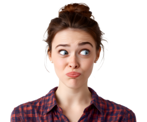 A young woman with a surprised expression and crossed eyes, set against a black backdrop.