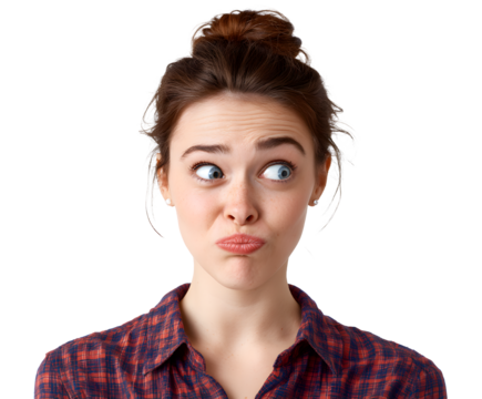 A young woman with a surprised expression and crossed eyes, set against a black backdrop.