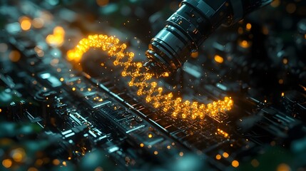 Robotic arm manipulating a glowing DNA strand into a futuristic storage device