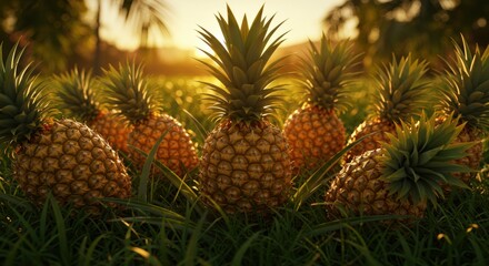 Fototapeta premium Pineapple fruits in a field during sunset. Tropical scene of fresh pineapple in green grass. Food concept with exotic fruit in a natural environment.