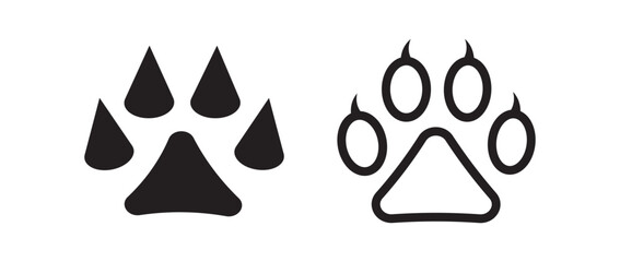 
Different animal paw. Paw prints silhouette. Footprints dog and cat with claw. Imprint legs isolated on white background.  Collection of different animal paw. Illustration sign or symbol
