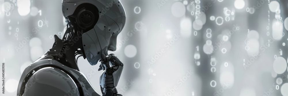 Aufkleber Futuristic robot in deep thought against binary code background. Concept of AI and advanced technology.