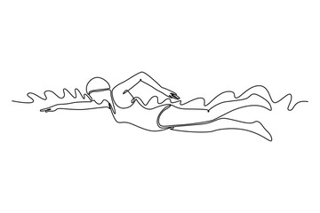Single continuous line drawing female swimmer performing front crawl in outdoor pool. Active woman, swimming technique, fitness, water sport, healthy. One line draw graphic design vector illustration