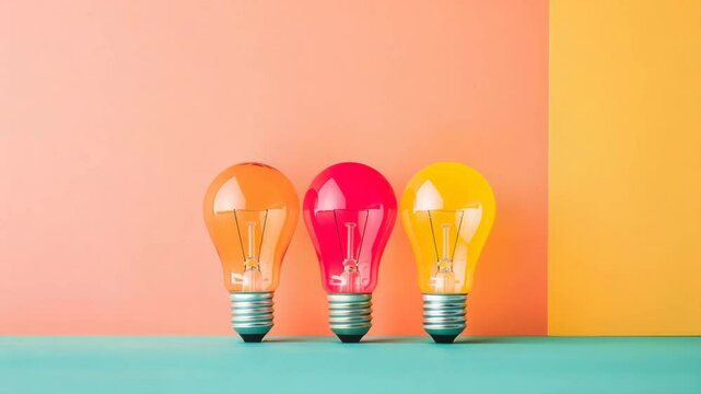 Colorful Light Bulb Trio: Three vibrant light bulbs illuminate against a modern backdrop, creating a bold visual statement on ideas and creativity.