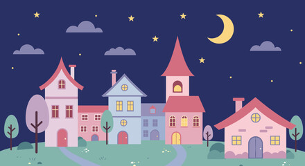 Cartoon town at night with moon and stars illustration