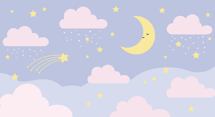 Cute Sky with Clouds, Moon, Stars, and Shooting Star Illustration
