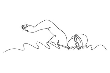 Single one line drawing male swimmer performing front crawl in outdoor pool. Sportsman, swimming freestyle technique, water sport, healthy lifestyle. Continuous line design graphic vector illustration