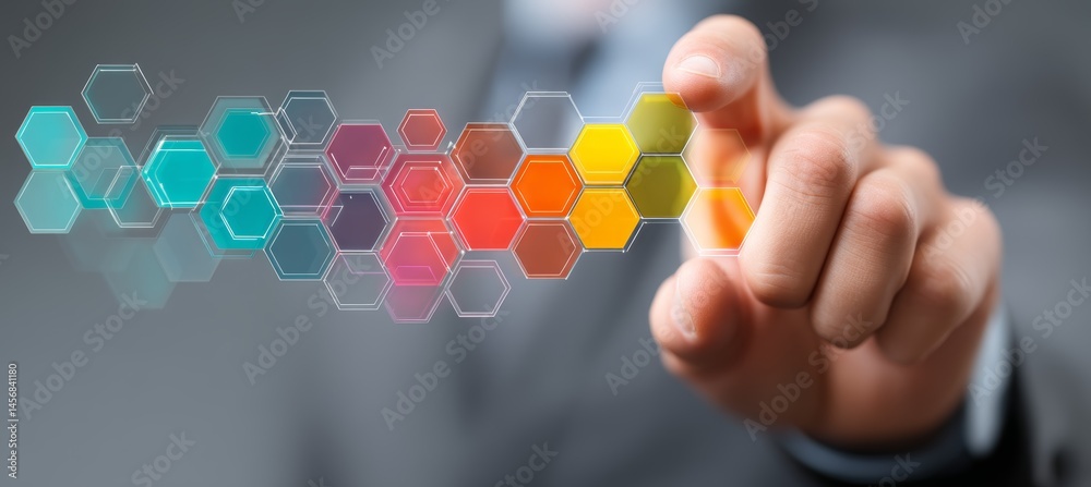 Poster Businessman with concept of digital computer interface. Generative AI technology.	
