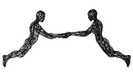 Two abstract figures reaching out and holding hands, symbolizing connection and unity, showcasing togetherness and support