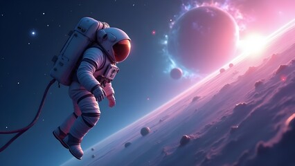 Astronaut in surreal galaxy. Space traveler over planet surface in a cosmic and sci-fi scenery