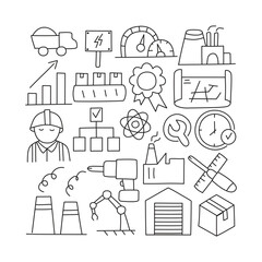 Factory, doodle icon set. Isolated on white background