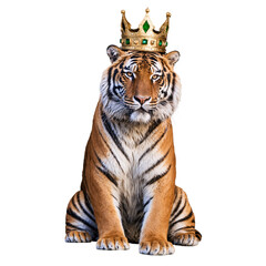 Obraz premium Tiger wearing a royal kings robe and crown as male with broad body shape in transparent background transparent background isolated png stock