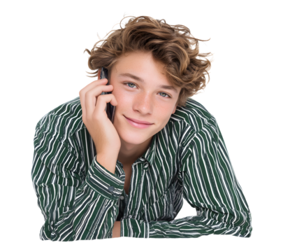 A young, attractive man with curly hair smiles while talking on a cell phone happily.