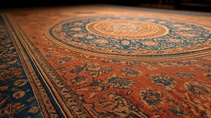 Intricate Carpet: A close-up perspective of a beautifully detailed, ornate carpet with a rich tapestry of colors and designs, suggesting luxury and elegance.
