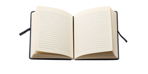 Open lined notebook with blank pages isolated on white transparent background