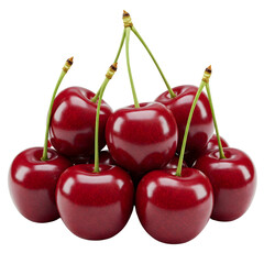 Fresh, ripe cherries with vivid red color and green leaves isolated on transparent background, perfect for use in fruit branding, food illustrations, and healthy lifestyle designs.