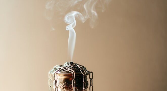 Ornate silver thurible (censer) burner with elegant incense smoke spirals on beige background
