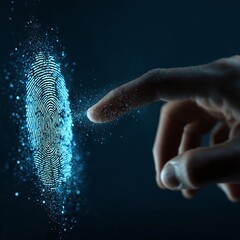 A close-up of a human finger reaching towards a glowing digital fingerprint against a dark background