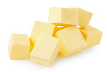  Butter cubes isolated on white. Fresh cow’s milk butter pieces close up. Pile of butter.  Package design element..