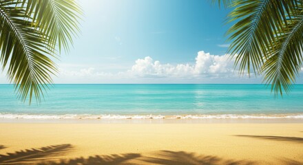 A serene beach scene featuring turquoise water, white sand, and palm fronds framing the view
