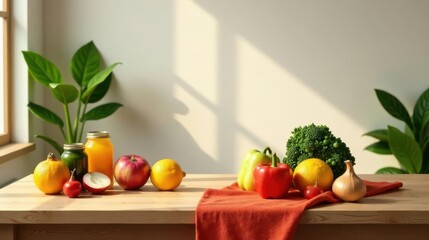 Sunlit Kitchen Table with Fresh Produce and Jars of Juice