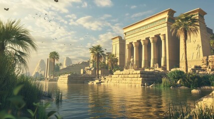 Obraz premium Ancient Egyptian temple complex by a serene river, bathed in golden sunlight. Lush vegetation and soaring columns. Birds soar peacefully