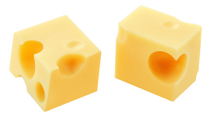 Cheese pieces isolated on white. Levitating maasdam cheese cubes. Holey Cheese Explosion. Top view. Flat lay.  Package design element.  Creative layout.