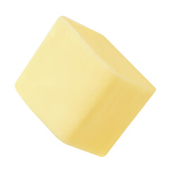 Butter cube isolated on white. Flying  cow’s milk butter piece close up. Top view. Flat lay
