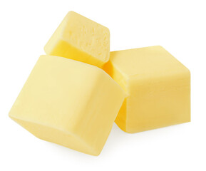 Three Butter cube sisolated on white. Fresh cow’s milk butter piece close up. Package design element..