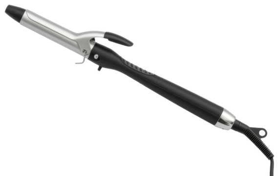 Sleek silver and black curling iron isolated, transparent background png