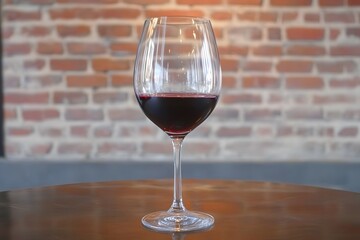 Red Wine Glass on Wooden Table Brick Wall Background