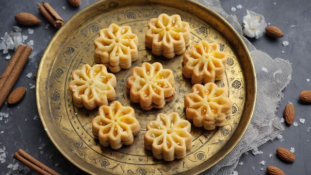 Moroccan Chebakia cookies with sesame, Soft lighting, Golden crispy texture, Sweet and aromatic mood, Traditional dessert
