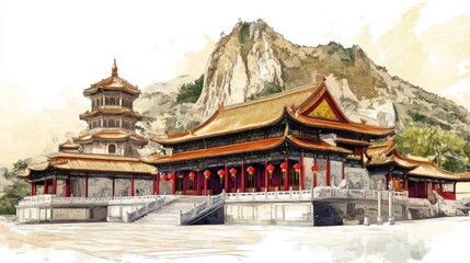 Fototapeta premium Asian temple complex nestled in mountains