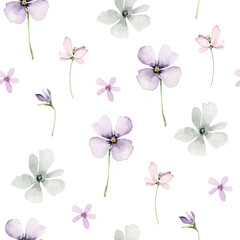 Fototapeta premium Seamless watercolor wildflower pattern. Hand-painted floral background with field flowers, herbs, and summer blossoms. Delicate botanical ornament. Perfect for fabric, textile, wallpaper, packaging