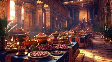 Grand Egyptian banquet hall.  Richly decorated interior with numerous tables laden with diverse food and drink.  Sunlight streams through the tall columns and arches