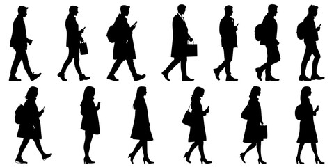 Walking People Silhouettes Collection – Men and Women with Phones