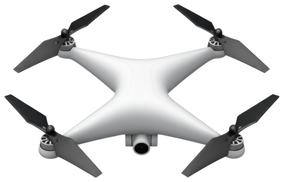 White drone with black propellers and camera, transparent background png