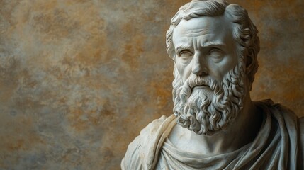 Ancient marble bust of bearded philosopher on warm textured background.