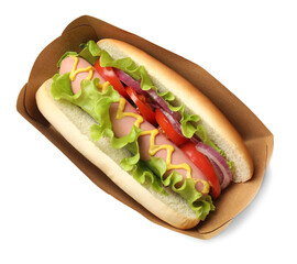 Tasty hot dog with tomato, onion, lettuce and mustard on white background, top view