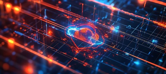 Obraz premium Cybersecurity Shield Safeguarding Cloud Network With Advanced Digital Protection in a Glowing Grid Background.