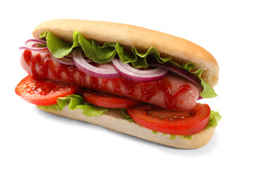 Tasty hot dog with tomato, onion, lettuce and ketchup on white background