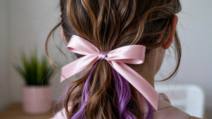 Girl with long hair styled in a ponytail, adorned with a pink bow and purple highlights, captured indoors
