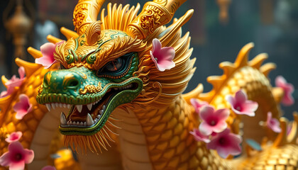 Fototapeta premium Majestic golden dragon statue traditional temple art photography cultural heritage close-up mythical symbolism